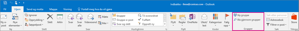 Alternativer for Grupper på hovedbåndet i Outlook