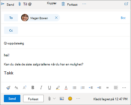 Skrive en ny e-post i Outlook på nettet