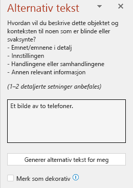 Alternativ tekst-ruten viser et eksempel på dårlig alternativ tekst.