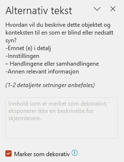 Bilde merket som dekorativt i Alternativ tekst-ruten.