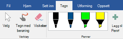 Penner og merkepenner på Tegn-fanen i Office 2019