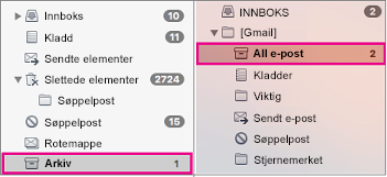 Side ved side-visning av mappelister i Exchange og Gmail der arkivmappene er uthevet