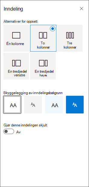 skjermbilde av inndelingsformateringsruten