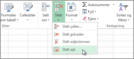 Klikk pilen under Slett, og klikk deretter Slett ark