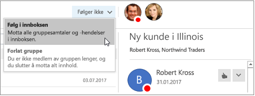 Knappen Stopp abonnement i topptekst for grupper i Outlook 2016