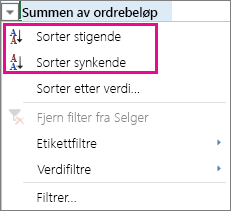 Alternativer for stigende og synkende sortering