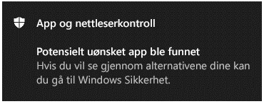 Varsling for app- og nettleserkontroll forteller kunden at en potensielt uønsket app er funnet.