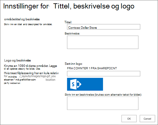 Side for innstillinger for tittel, beskrivelse og logo