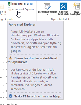 Åpne med Explorer er valgt, men ikke aktivert.