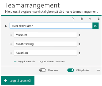 Et valgspørsmål i skjemaet vises med alternativer