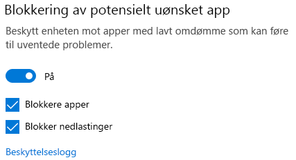 Blokkeringskontroll av potensielt uønskede apper i Windows 10.