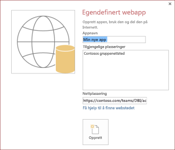 Dialogboksen for den nye egendefinerte nettappen viser Contoso-gruppenettsteder i boksen Tilgjengelige plasseringer.