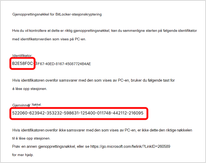 Skjermbilde av bitLocker-gjenopprettingsnøkkelutskriften.