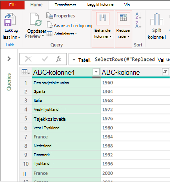 En vanlig Power Query-redigeringsvisning