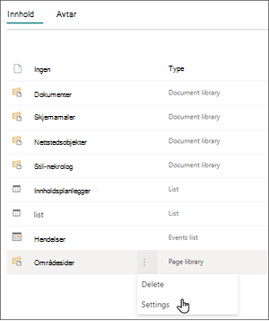 Bilde av områdeinnholdssiden med ellipsene valgt for områdesider. Markøren holdes over Innstillinger.