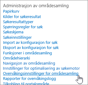 Overvåkingsinnstillinger for områdesamling valgt i dialogboksen Innstillinger for område.