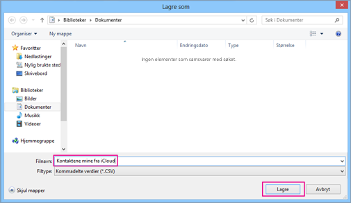 Skriv inn et navn for csv-filen, og velg deretter Lagre.