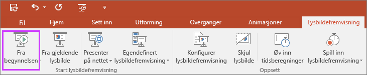 Viser knappen Fra begynnelsen på Lysbildefremvisning-fanen i PowerPoint