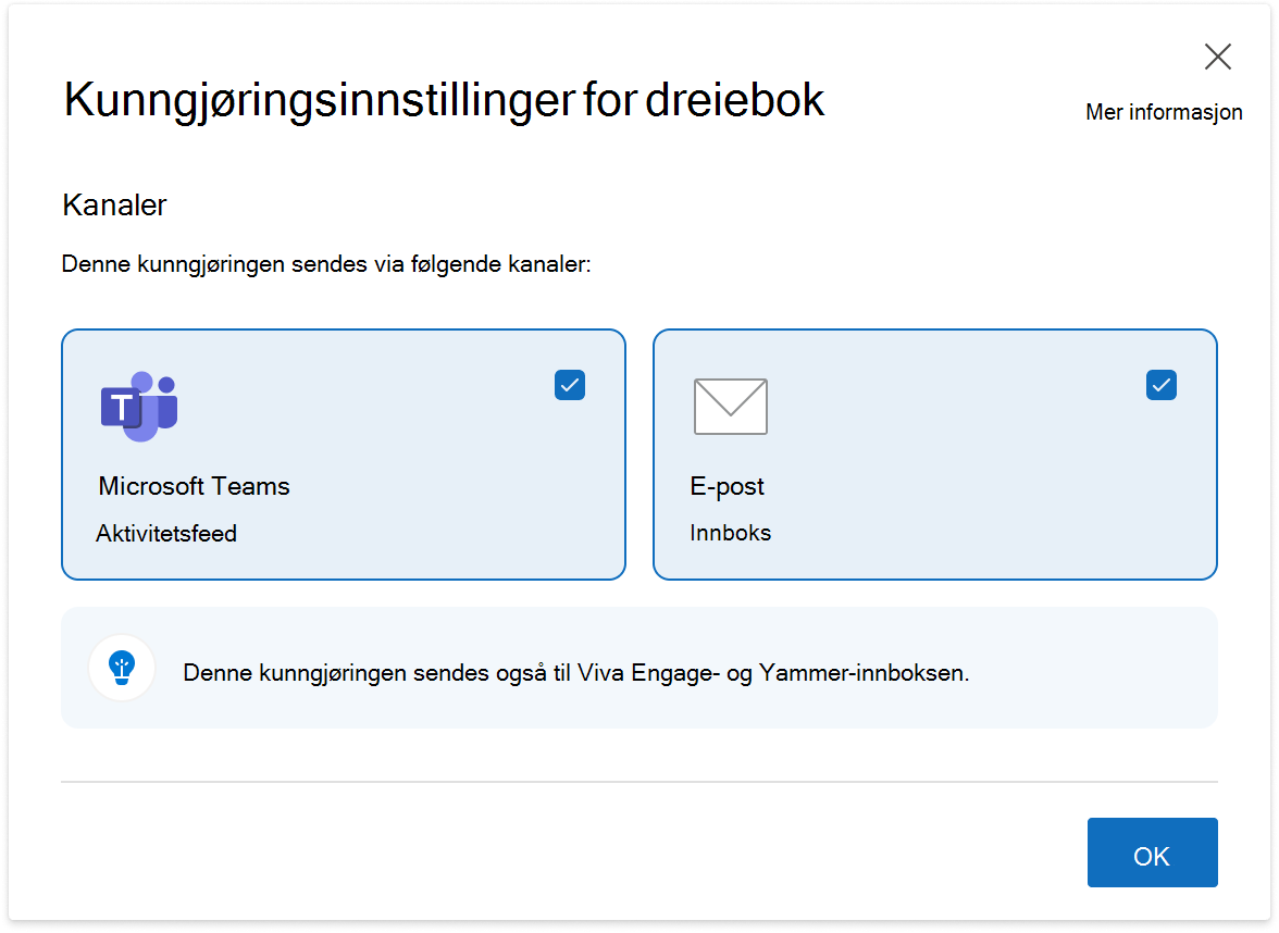 Bilde av innstillingen for kunngjøringer om dreieboken som er tilgjengelig for ledere med en målgruppe i Viva Engage