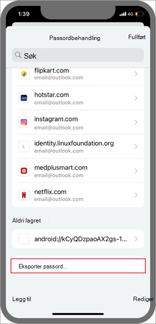 Plassering for eksport av passord for Android Chrome