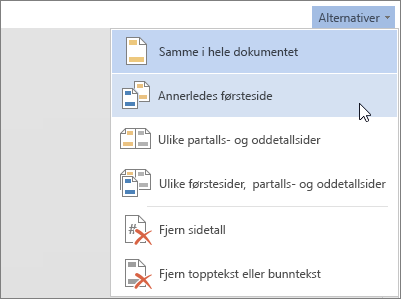 Alternativmenyen Topptekst og bunntekst i Word Online