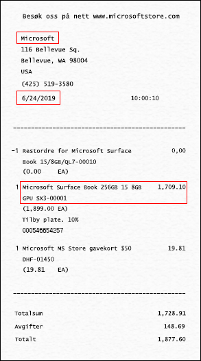 Det skal stå på kvitteringen (eller kjøpsbeviset) i hvilken butikk enheten ble kjøpt, datoen og enheten skal være oppført (eller spesifisert).