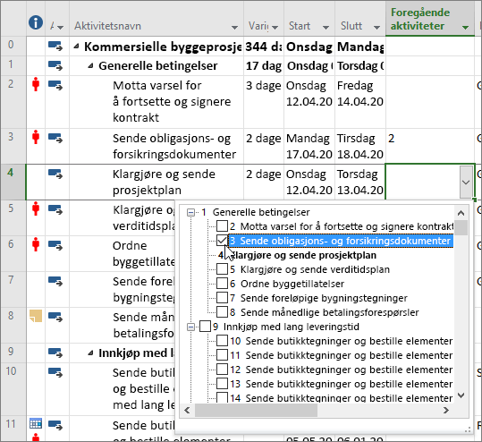 Skjermbilde av rullegardinmenyen i den foregående kolonnen i Project