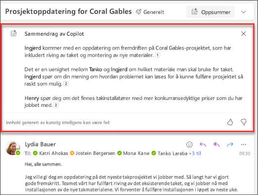 Sammendrag av en e-posttråd med referanser utformet av Copilot.