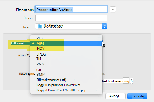Office 365-abonnenter kan eksportere en presentasjon til video som en MP4- eller MOV-fil