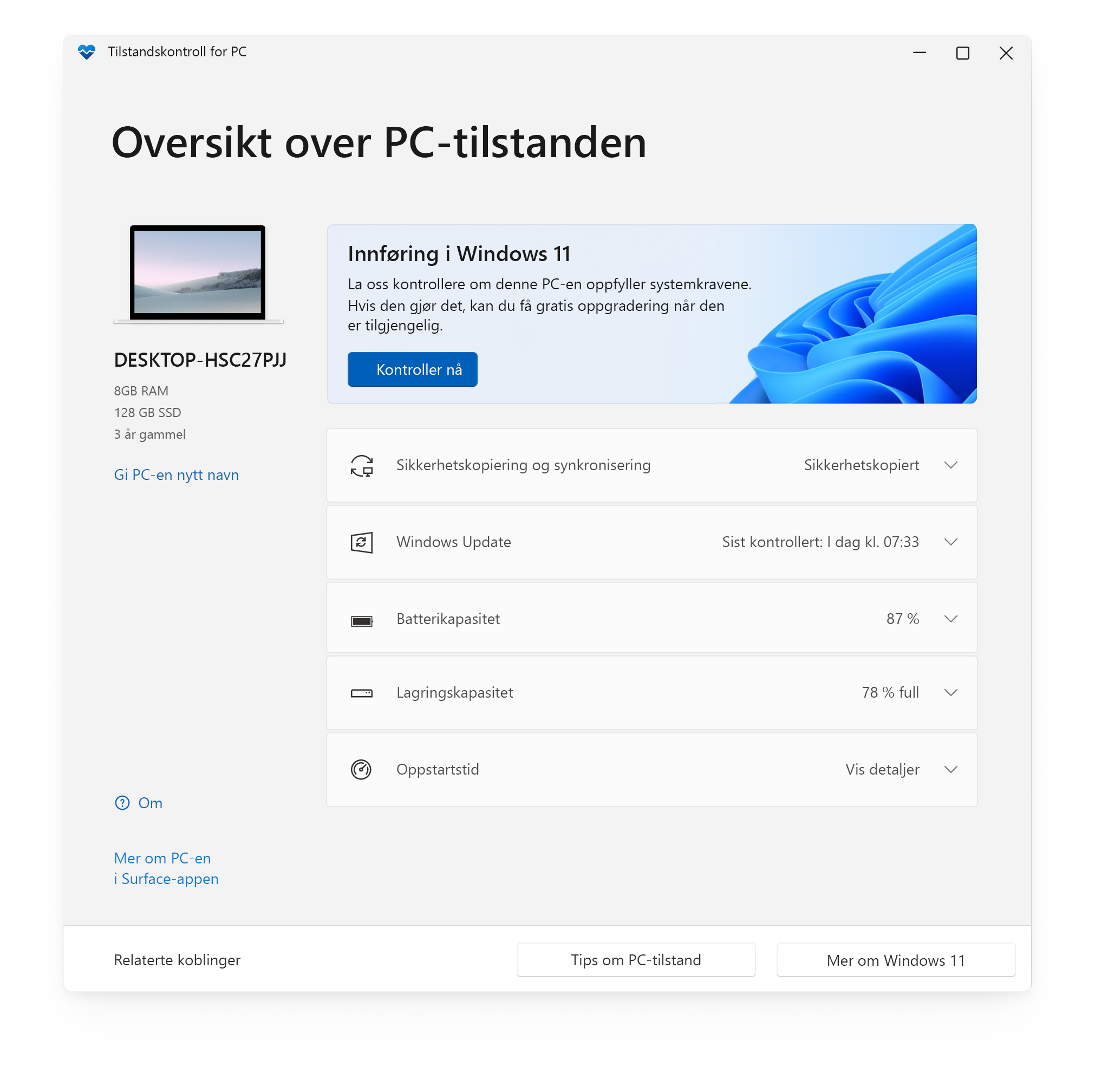 Startskjermen for appen Tilstandskontroll for PC