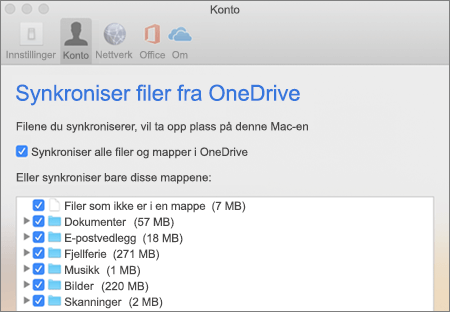 Dialogboksen Synkronisere mapper for OneDrive for Mac