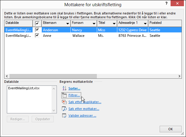 Som en del av utskriftsfletting i Word: resultater til et filter som ble tatt i bruk på en mottakerliste.