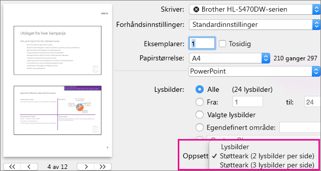 Utskrift av støtteark i PowerPoint for Mac Preview