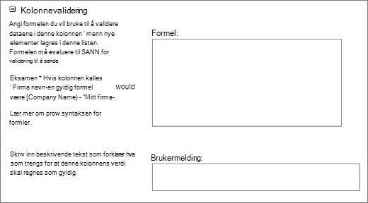 Validering-delen av dialogboksen for nye spørsmål