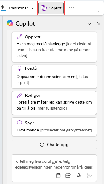 Copilot-ruten i OneNote på høyre side av siden.