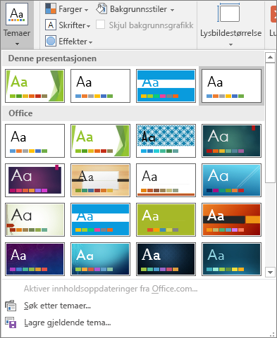 Viser temaalternativene for lysbildemalen i PowerPoint