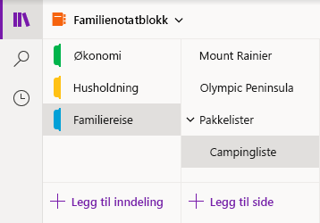 Navigasjonsgrensesnitt i OneNote for Windows 10