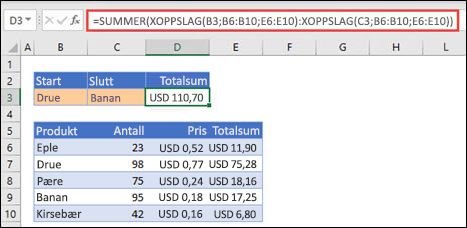 Bruke XOPPSLAG med SUMMER til å summere et verdiområde som faller mellom to valg