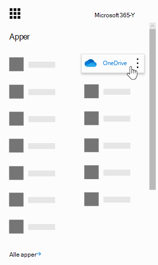 Startprogrammet for apper i Office 365 med OneDrive-appen uthevet