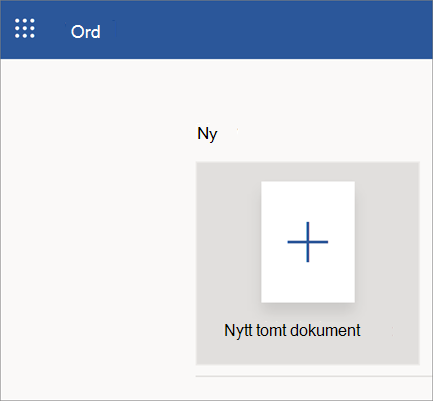 Åpnings side for Word online med nytt tomt dokument