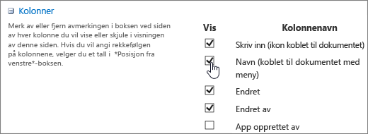 Dialogboksen Kolonnevelger