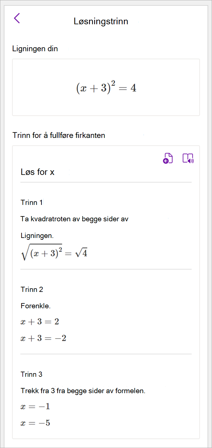 Skjermbilde av matematikkruten i Skrivebordsversjonen av OneNote. Løsningstrinn vises for å bruke den kvadrerte metoden for å løse for x.