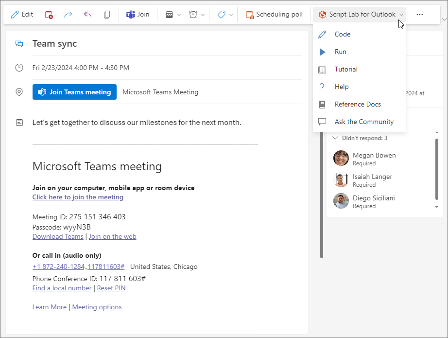 Et eksempeltillegg som brukes fra et møte i Outlook på nettet og i nye Outlook for Windows.