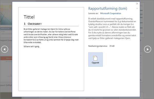 Viser en forhåndsvisning av utformingsmalen for Rapport i Word 2016.