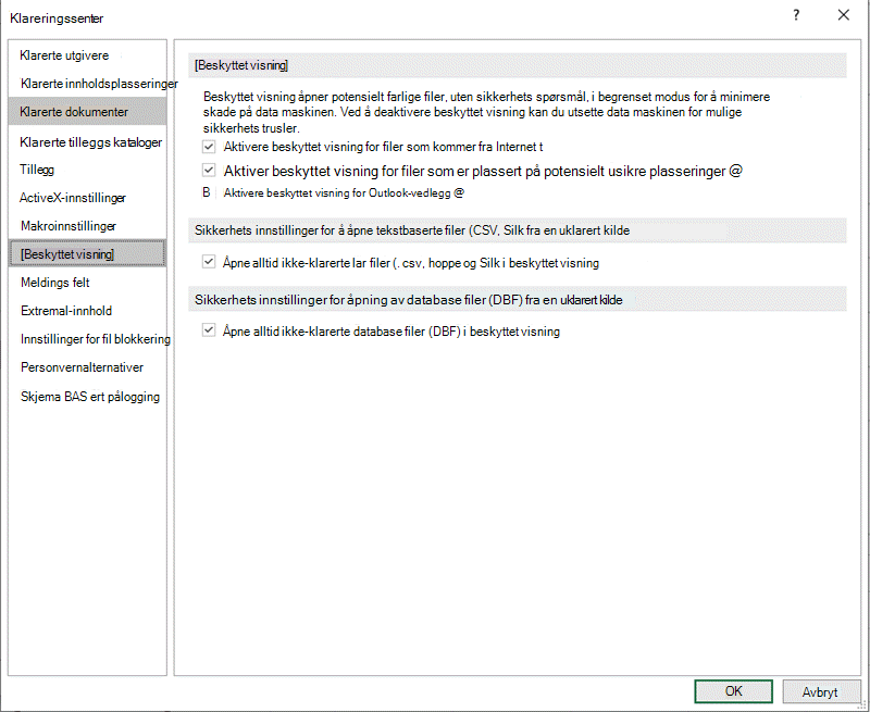 Innstillinger for beskyttet visning i klareringssenter