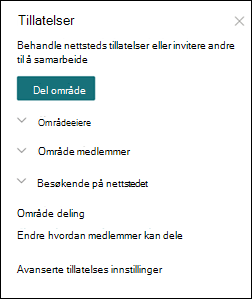 Tillatelses panel for SharePoint-nettsted