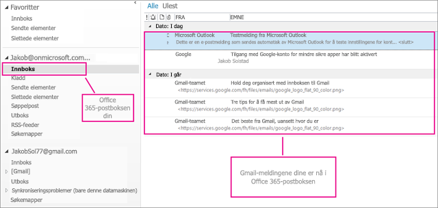 Når du importerer e-post til Office 365-postboksen, vises det på to steder.