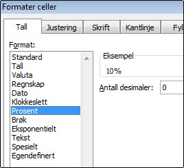 Kategorien prosent i dialogboksen Formater celler