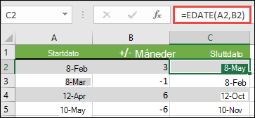 Bruk DAG.ETTER til å legge til eller trekke måneder fra en dato. I dette tilfellet =DAG.ETTER(A2;B2) der A2 er en dato, og B2 har antall måneder å legge til eller trekke fra.