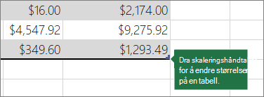 Dra skaleringshåndtaket for å endre størrelsen på tabellen